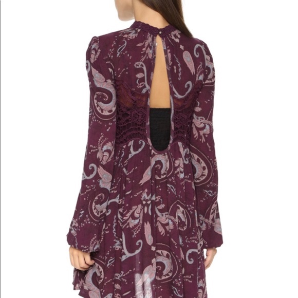 FREE PEOPLE  Burgundy Wine Print Lace Cut Out Front Dress M - Picture 3 of 7